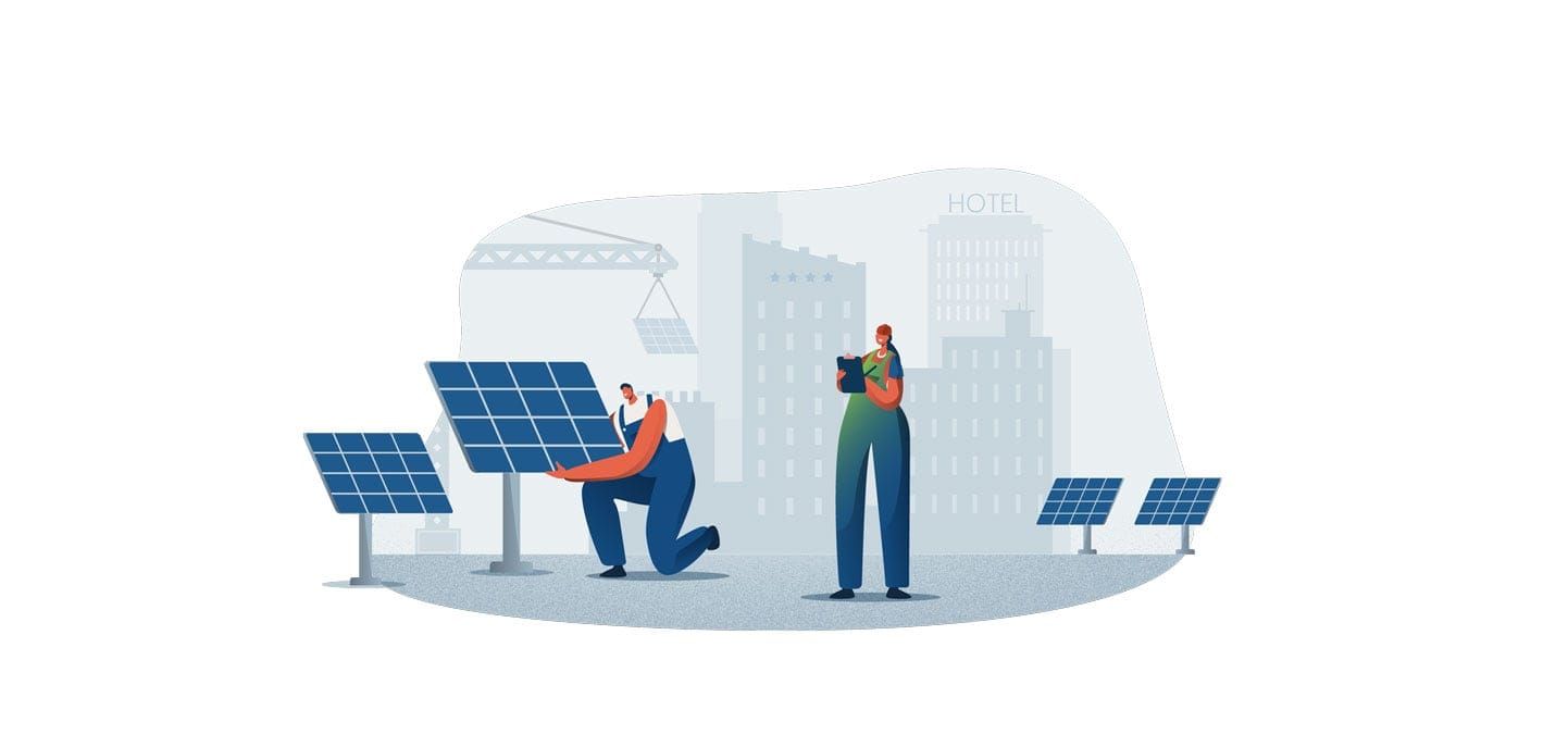 Visuel illustrant le concept : accompagnement, réalisation d’études de faisabilité et financement d’installations de panneaux photovoltaïques pour des bâtiments hôteliers au travers d’un power purchase agreement.
