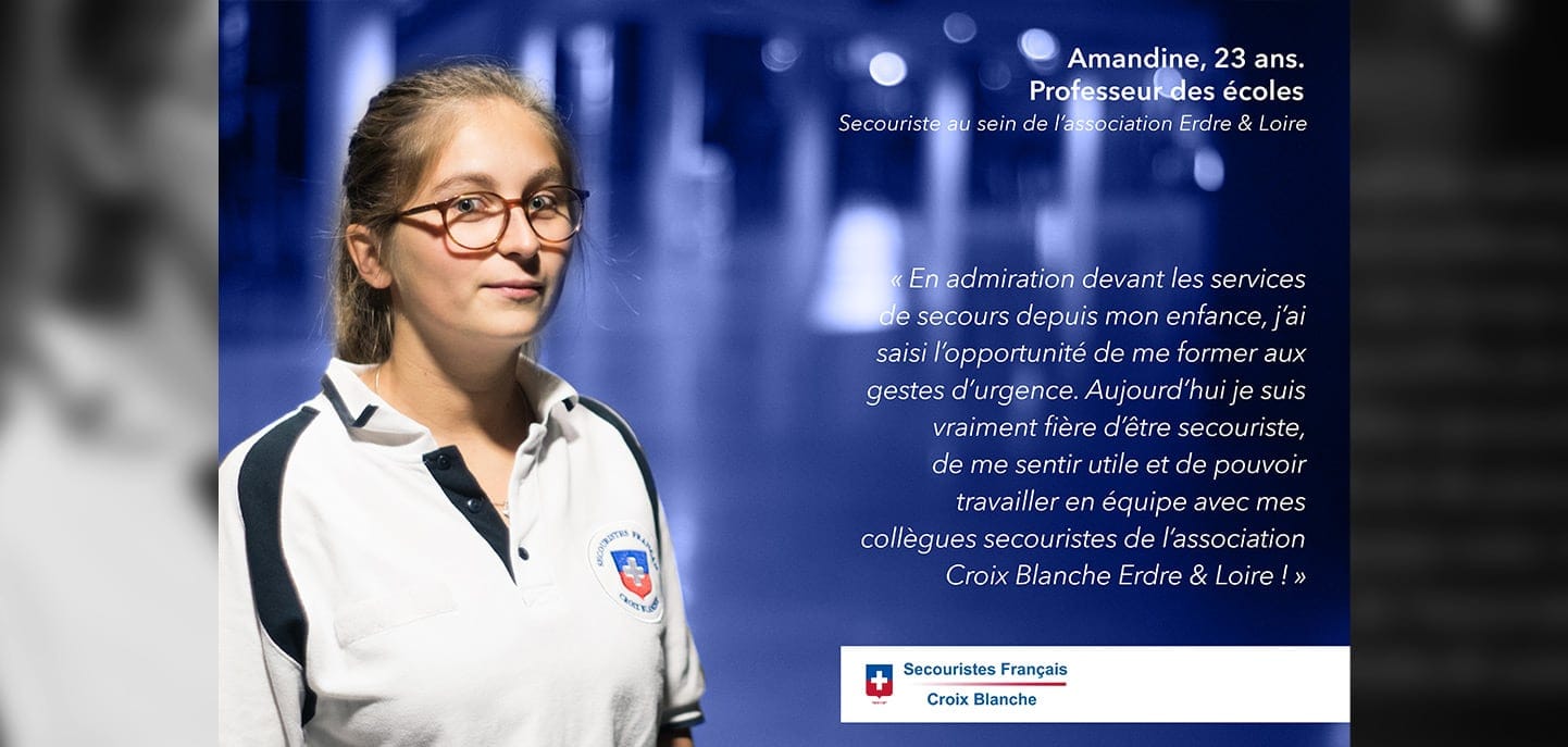 Visuel mettant en valeur Amandine, jeune secouriste de l'association Croix Blanche Erdre & Loire